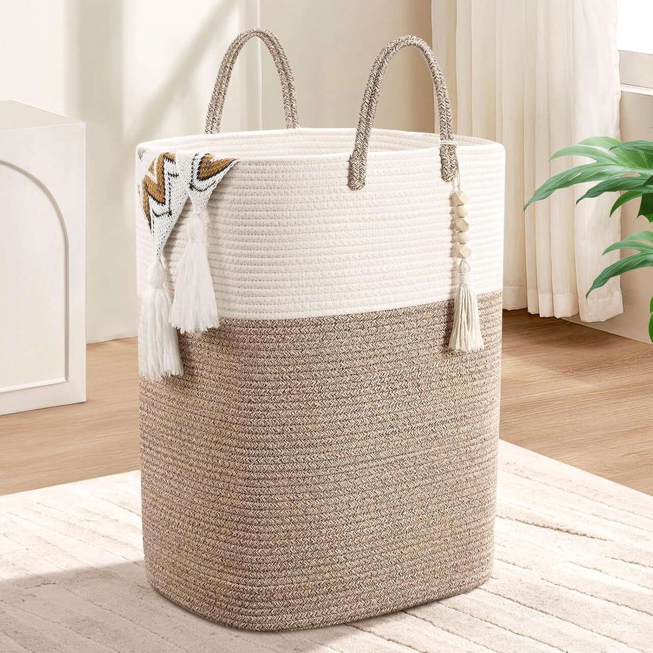 Woven Laundry Basket for Clothes, 65L Large Rectangle Laundry Hampers, Nursery Storage Basket for Toys, Tall Dirty Clothes Hamper for Bedroom Aesthetic, Bathroom, Laundry Room